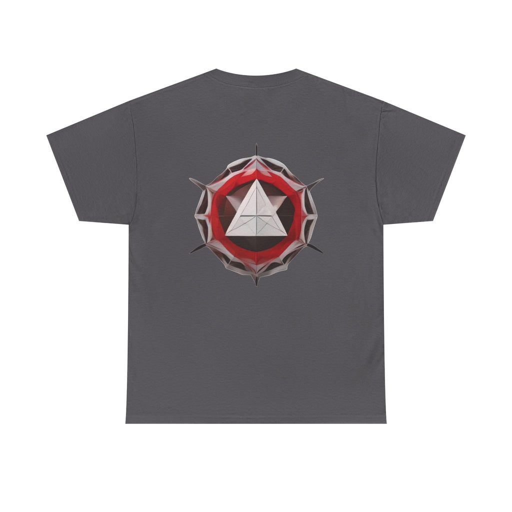 Graphic Tee — Geometric Emblem Back Print with Minimal Front Logo
