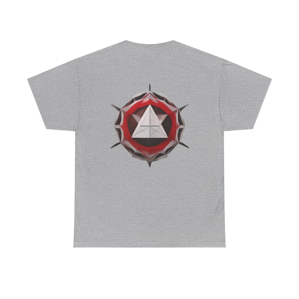 Graphic Tee — Geometric Emblem Back Print with Minimal Front Logo