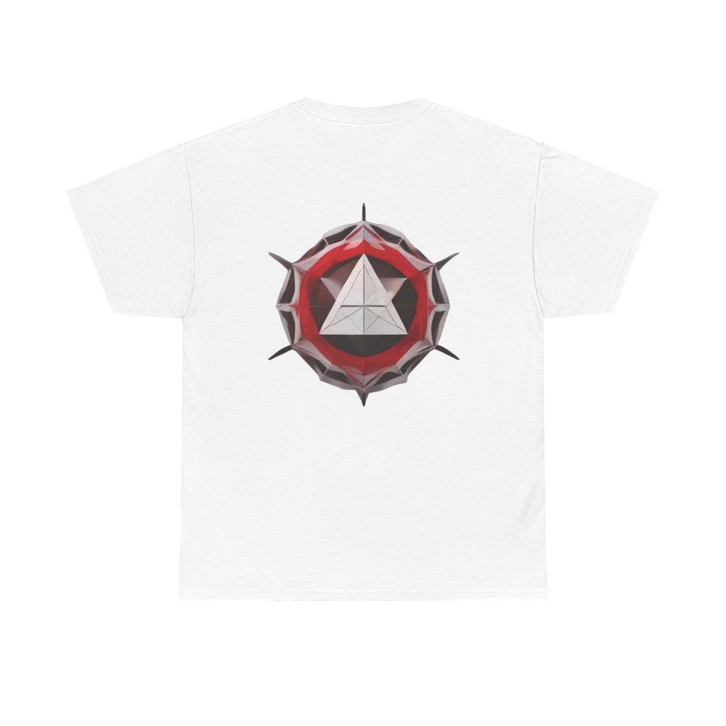 Graphic Tee — Geometric Emblem Back Print with Minimal Front Logo