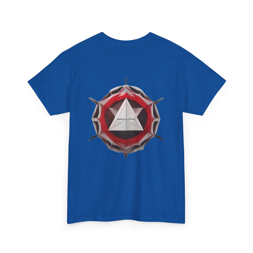 Graphic Tee — Geometric Emblem Back Print with Minimal Front Logo