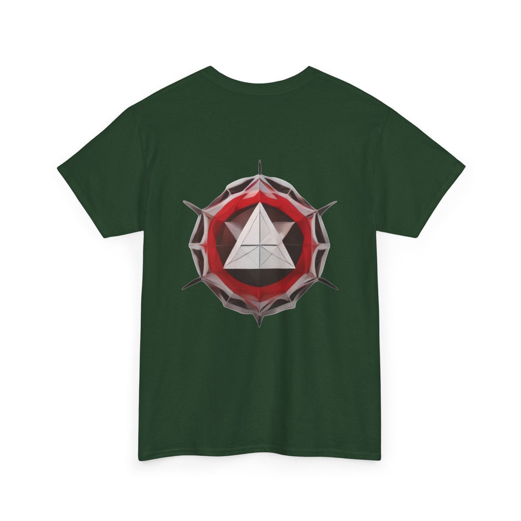 Graphic Tee — Geometric Emblem Back Print with Minimal Front Logo
