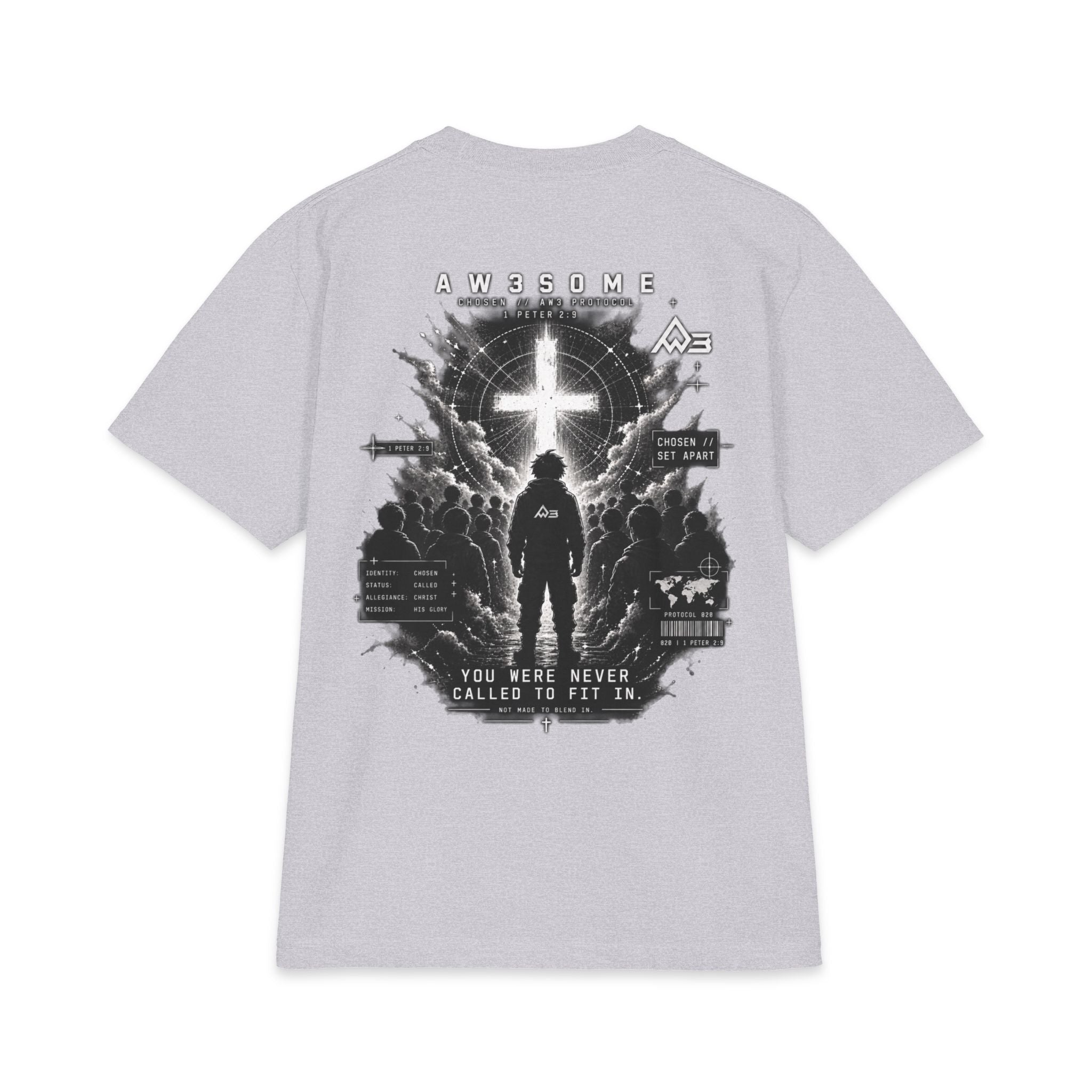 T-Shirt — Christian Faith Graphic Tee with Cross & 'You Were Never Called to Fit In' Back Design