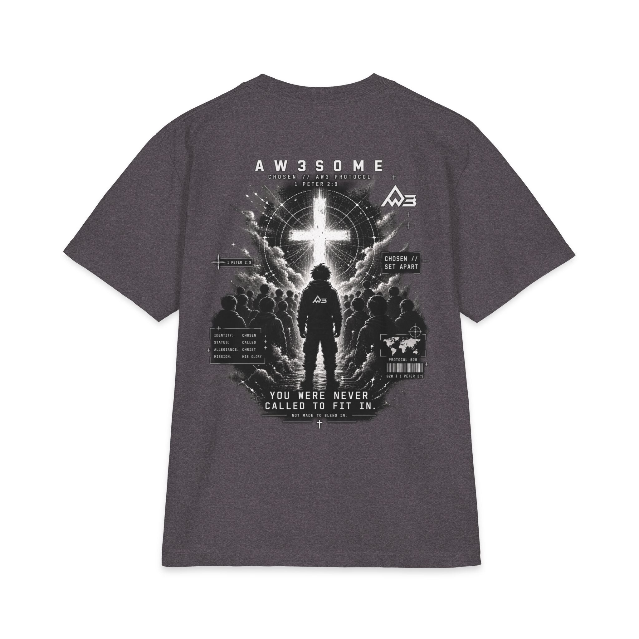 T-Shirt — Christian Faith Graphic Tee with Cross & 'You Were Never Called to Fit In' Back Design