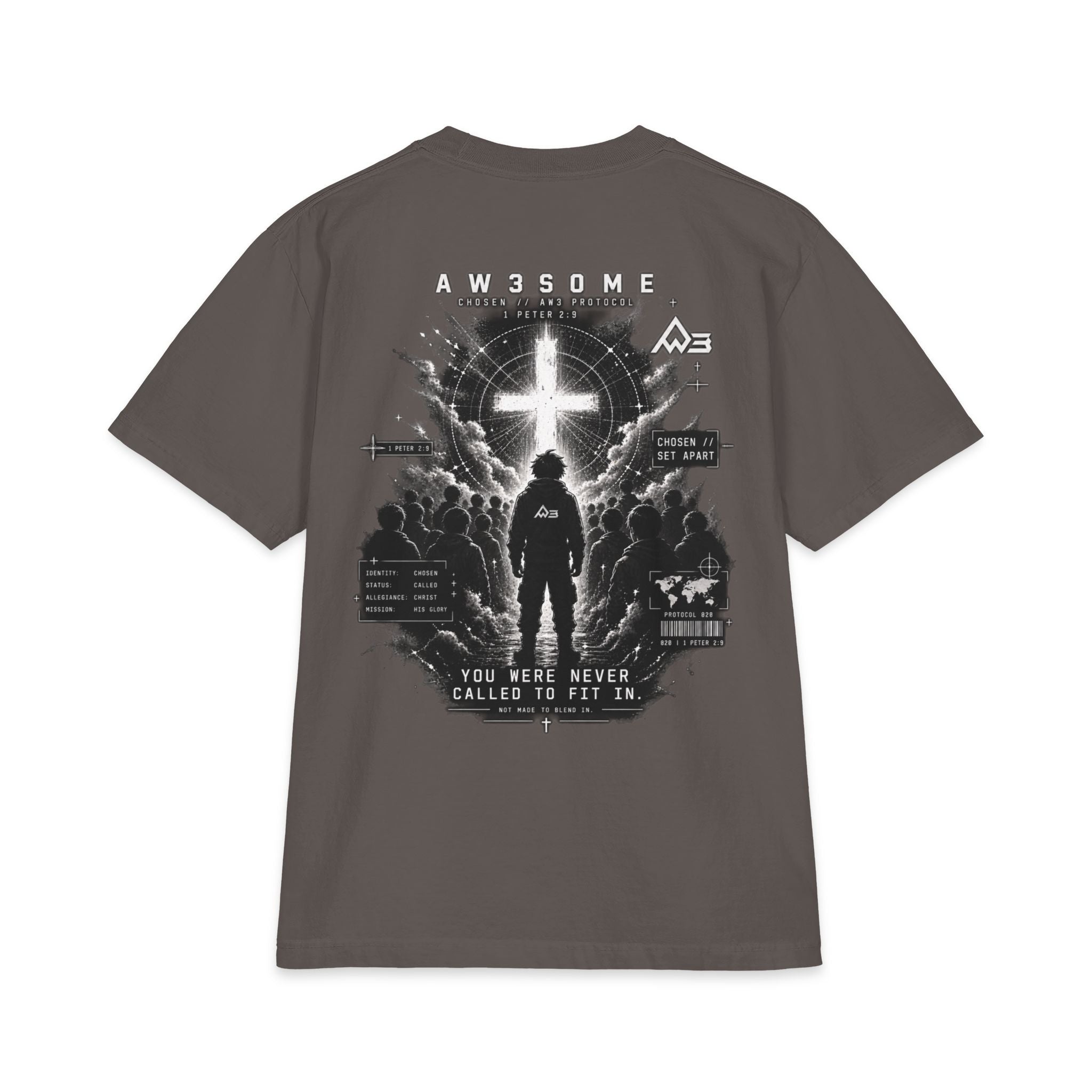 T-Shirt — Christian Faith Graphic Tee with Cross & 'You Were Never Called to Fit In' Back Design