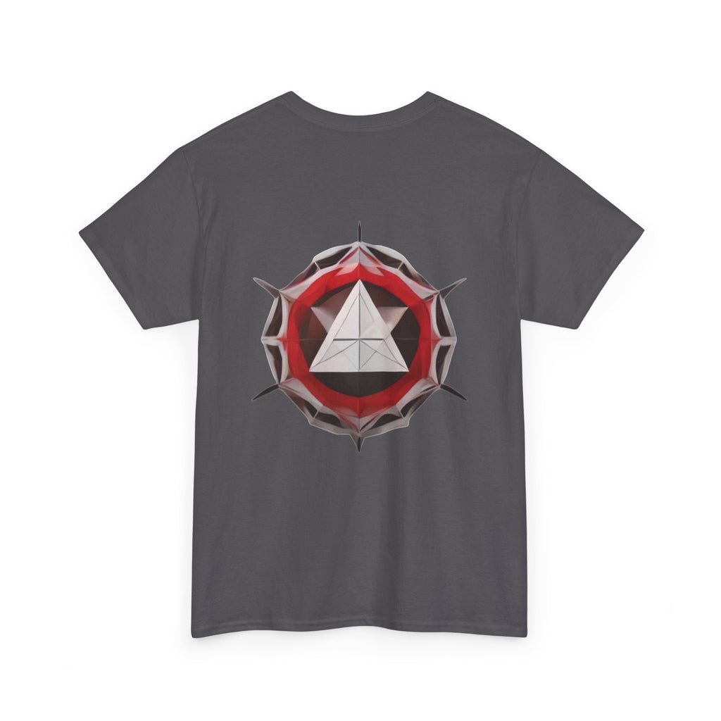 Graphic Tee — Geometric Emblem Back Print with Minimal Front Logo