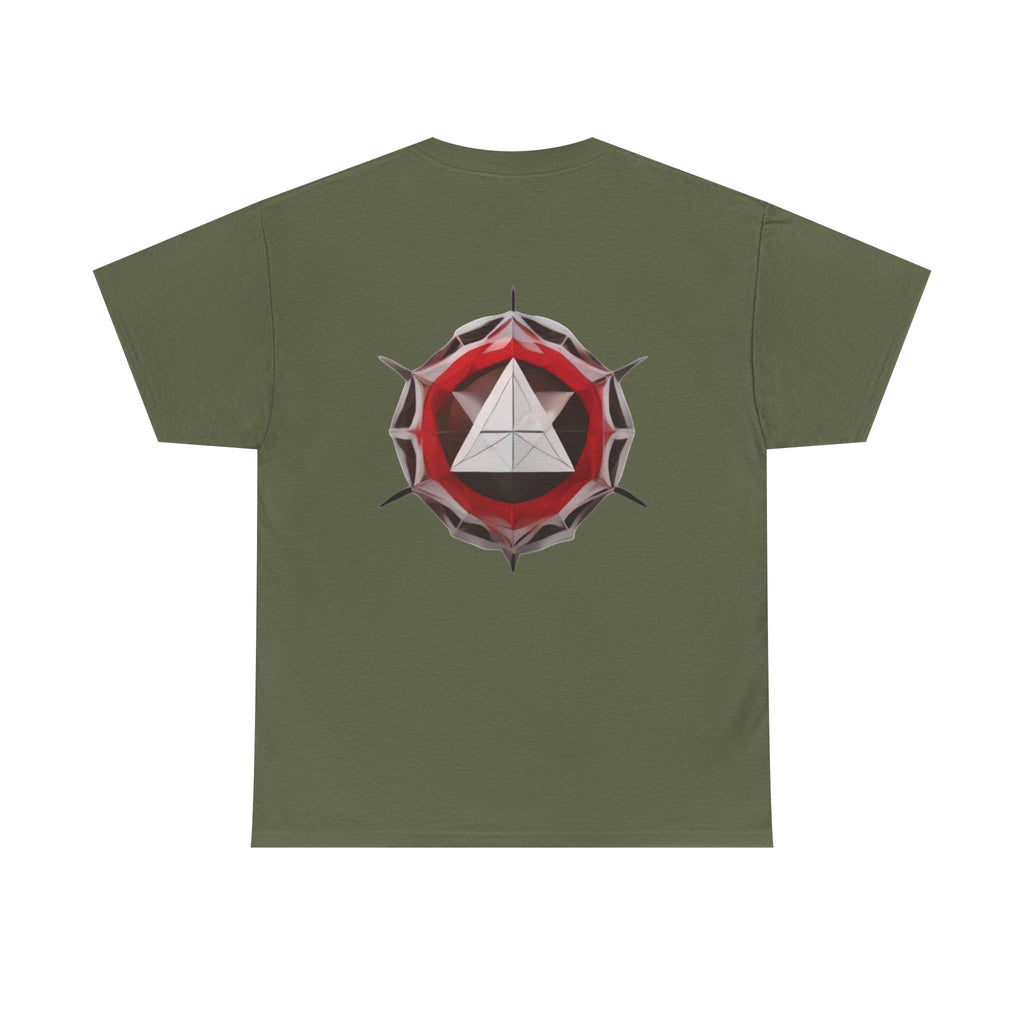 Graphic Tee — Geometric Emblem Back Print with Minimal Front Logo