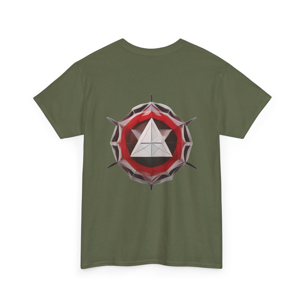 Graphic Tee — Geometric Emblem Back Print with Minimal Front Logo