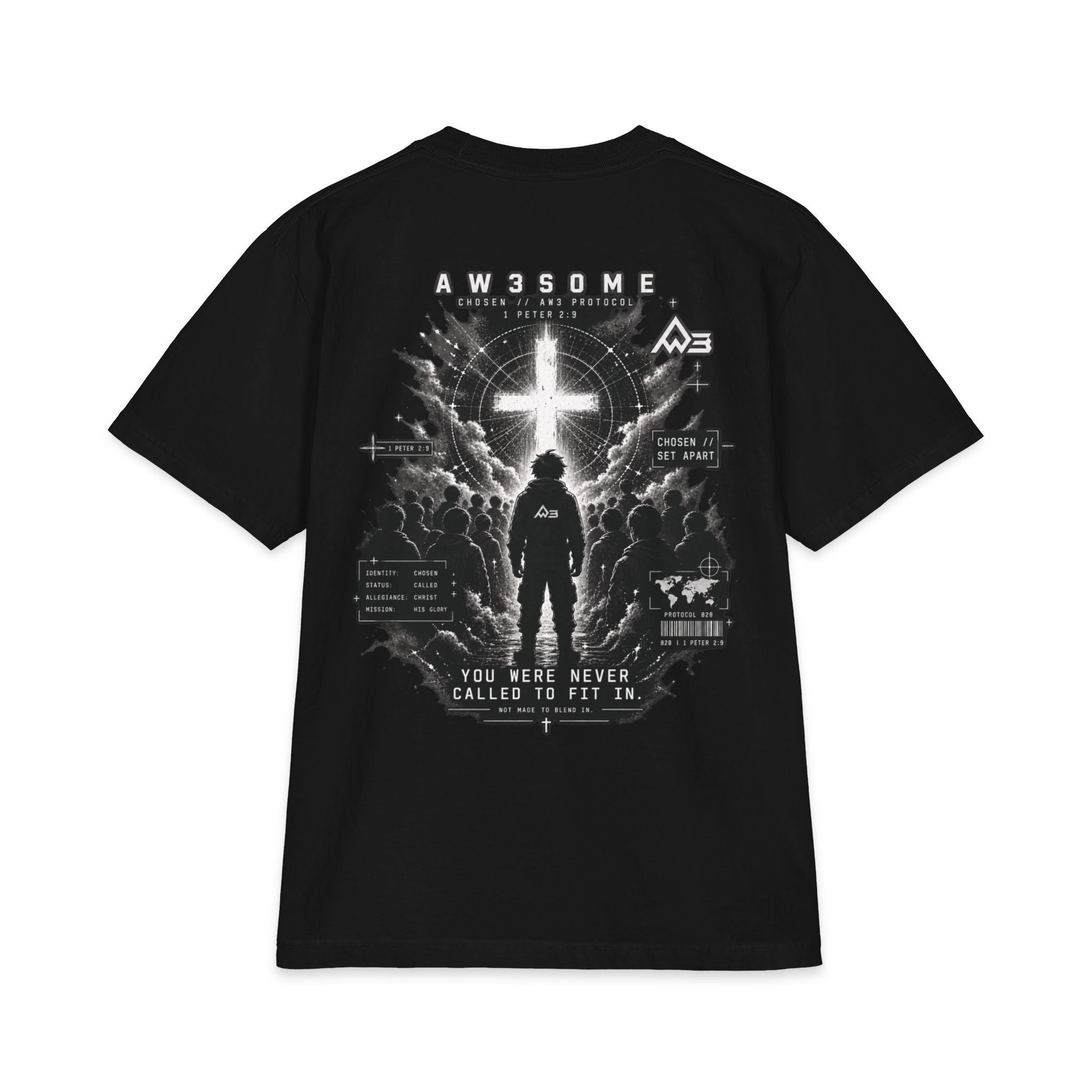 T-Shirt — Christian Faith Graphic Tee with Cross & 'You Were Never Called to Fit In' Back Design