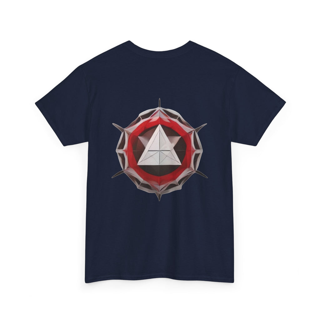 Graphic Tee — Geometric Emblem Back Print with Minimal Front Logo